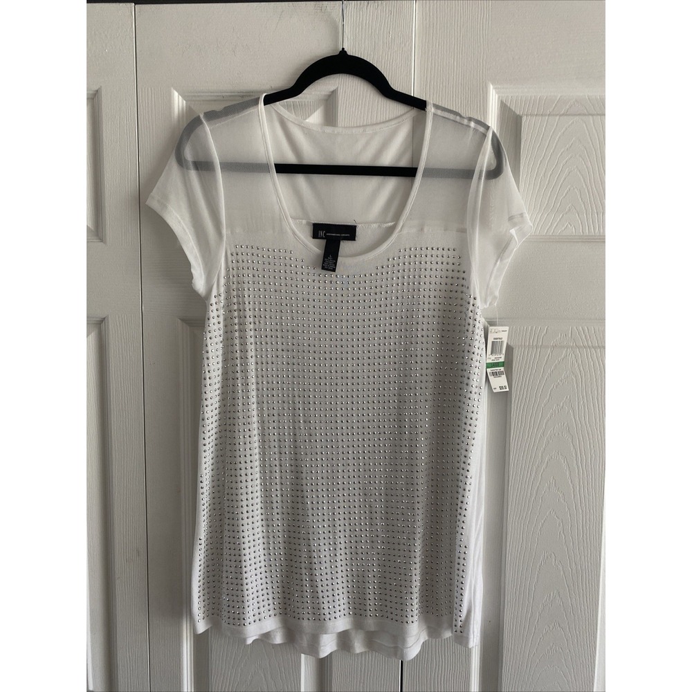 INC Womens Large White Studded Top NEW Bling Mesh Top